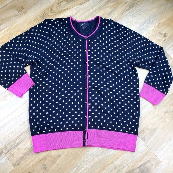 💜GNW Black & Hot Pink Polka Dot Buttoned Cardigan Sweater Large - Picture 1 of 9